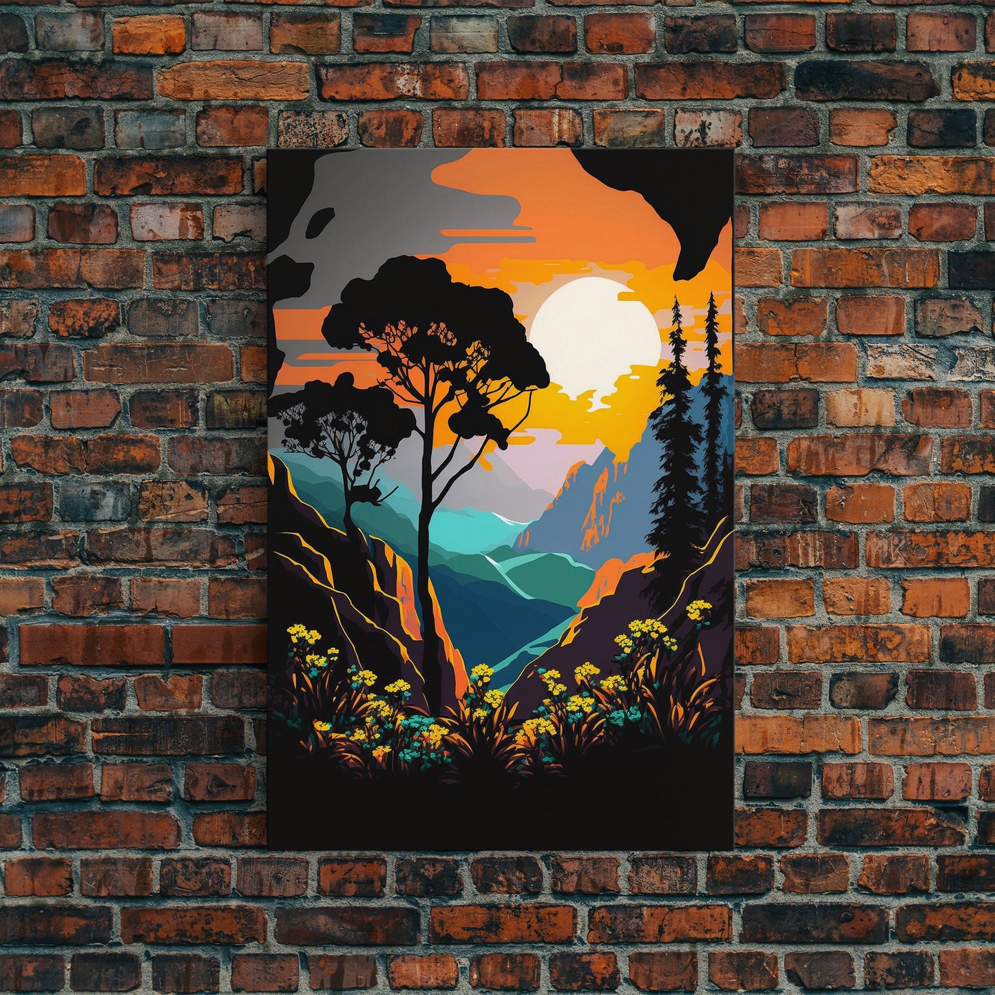 Colorful Pop Art Picture of a Mountain and Forest Landscape, Framed Canvas Print, Surrealist High Contrast Cel Shaded Landscape Art