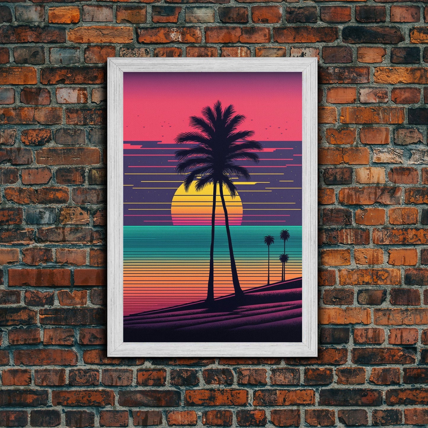 Synthwave Sunset, Retro Office Art, 80s Vibes, Framed Canvas Print, Framed Art, Trendy Wall Hanging