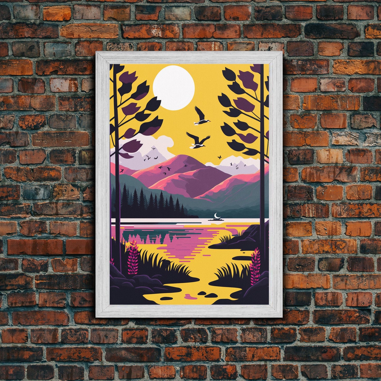 Colorful Pop Art Picture of a Mountain and Forest Landscape, Framed Canvas Print, Surrealist High Contrast Cel Shaded Landscape Art