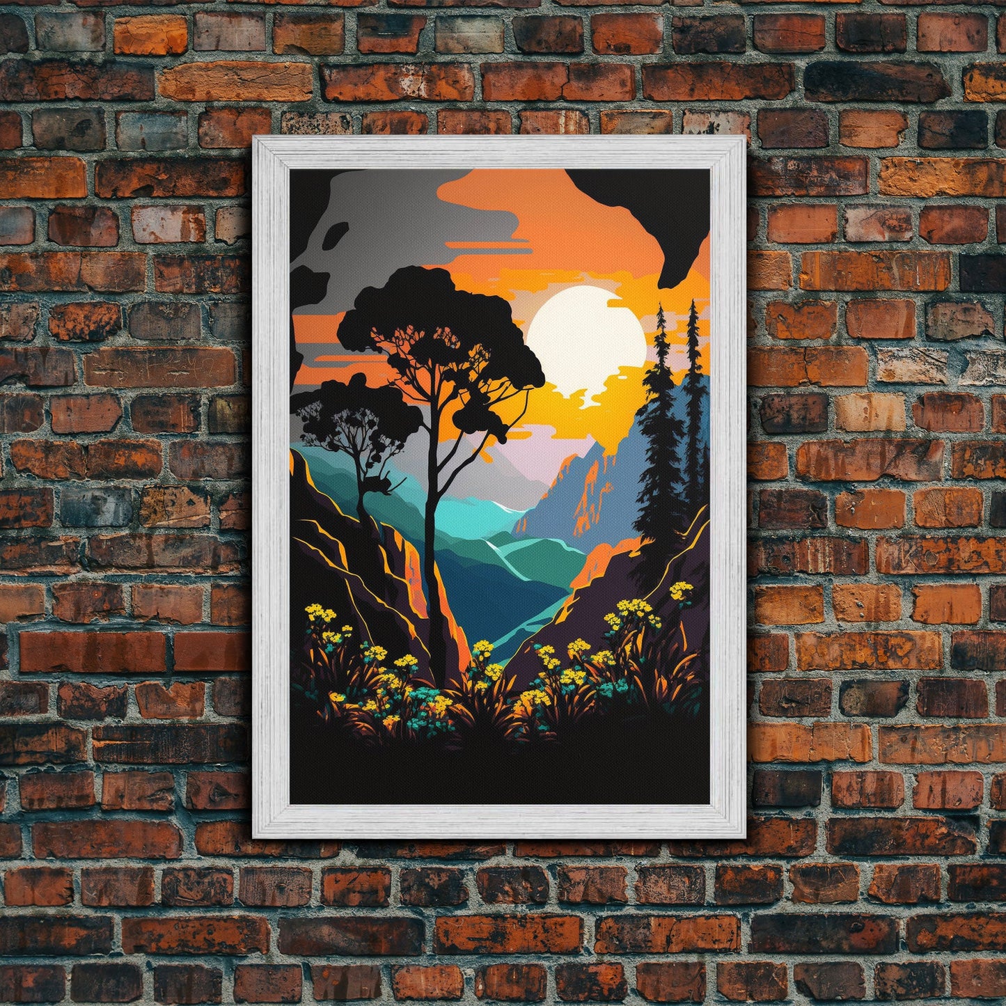 Colorful Pop Art Picture of a Mountain and Forest Landscape, Framed Canvas Print, Surrealist High Contrast Cel Shaded Landscape Art