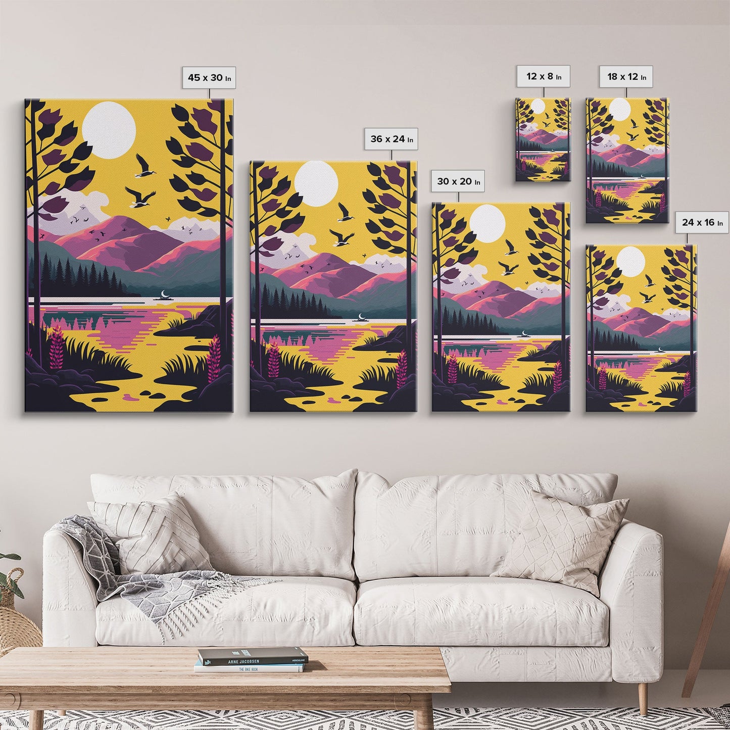 Colorful Pop Art Picture of a Mountain and Forest Landscape, Framed Canvas Print, Surrealist High Contrast Cel Shaded Landscape Art