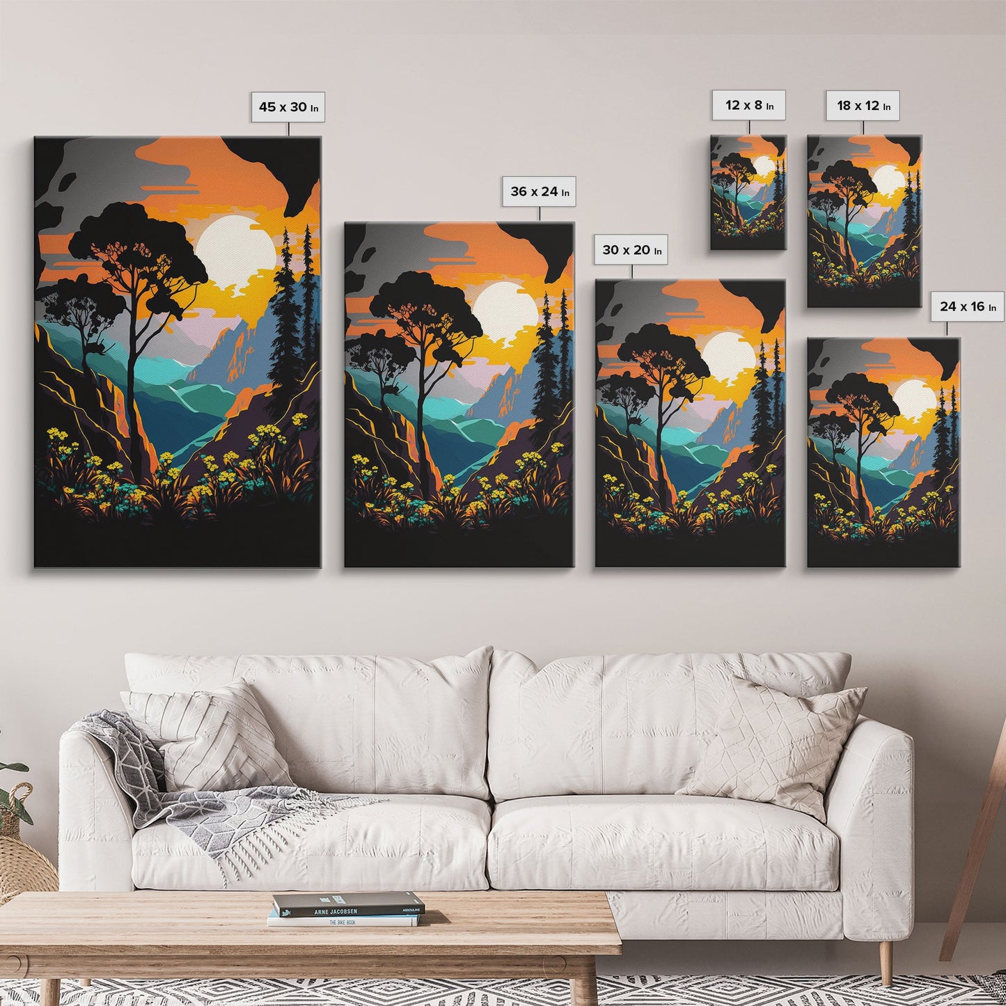 Colorful Pop Art Picture of a Mountain and Forest Landscape, Framed Canvas Print, Surrealist High Contrast Cel Shaded Landscape Art