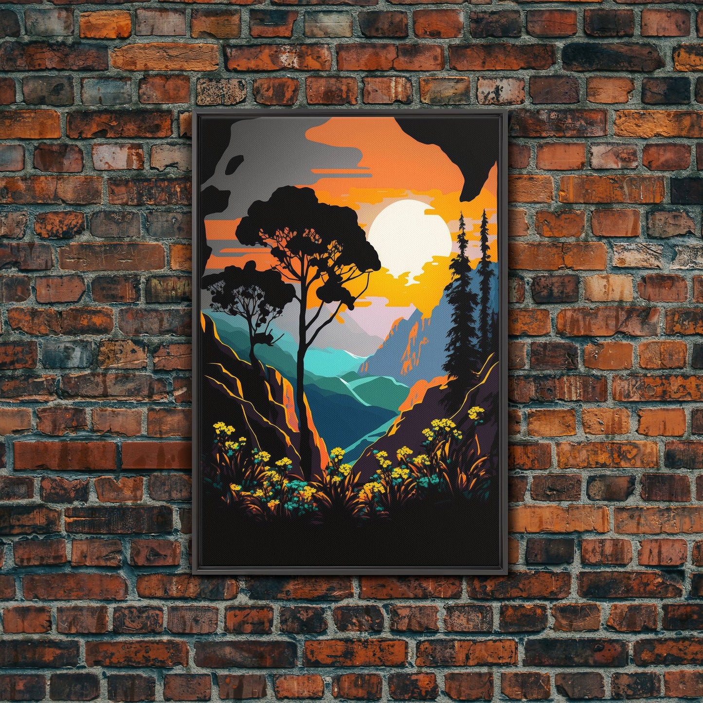 Colorful Pop Art Picture of a Mountain and Forest Landscape, Framed Canvas Print, Surrealist High Contrast Cel Shaded Landscape Art