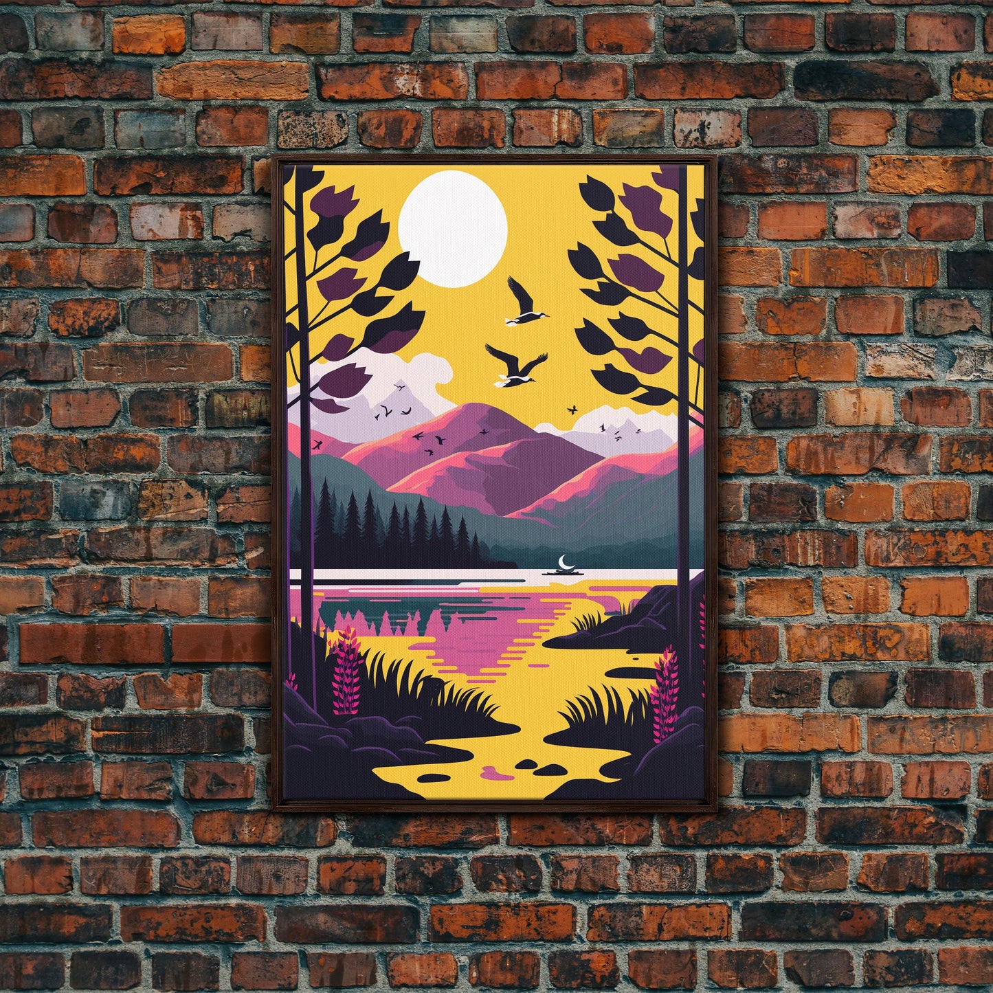 Colorful Pop Art Picture of a Mountain and Forest Landscape, Framed Canvas Print, Surrealist High Contrast Cel Shaded Landscape Art
