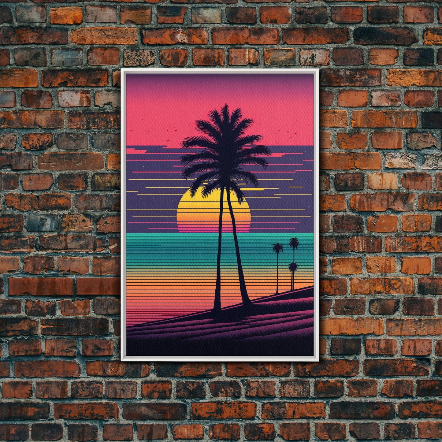 Synthwave Sunset, Retro Office Art, 80s Vibes, Framed Canvas Print, Framed Art, Trendy Wall Hanging