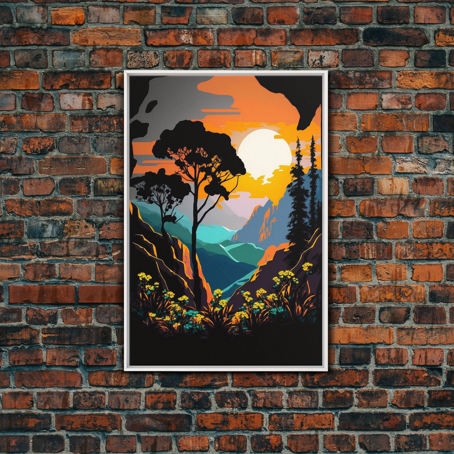 Colorful Pop Art Picture of a Mountain and Forest Landscape, Framed Canvas Print, Surrealist High Contrast Cel Shaded Landscape Art