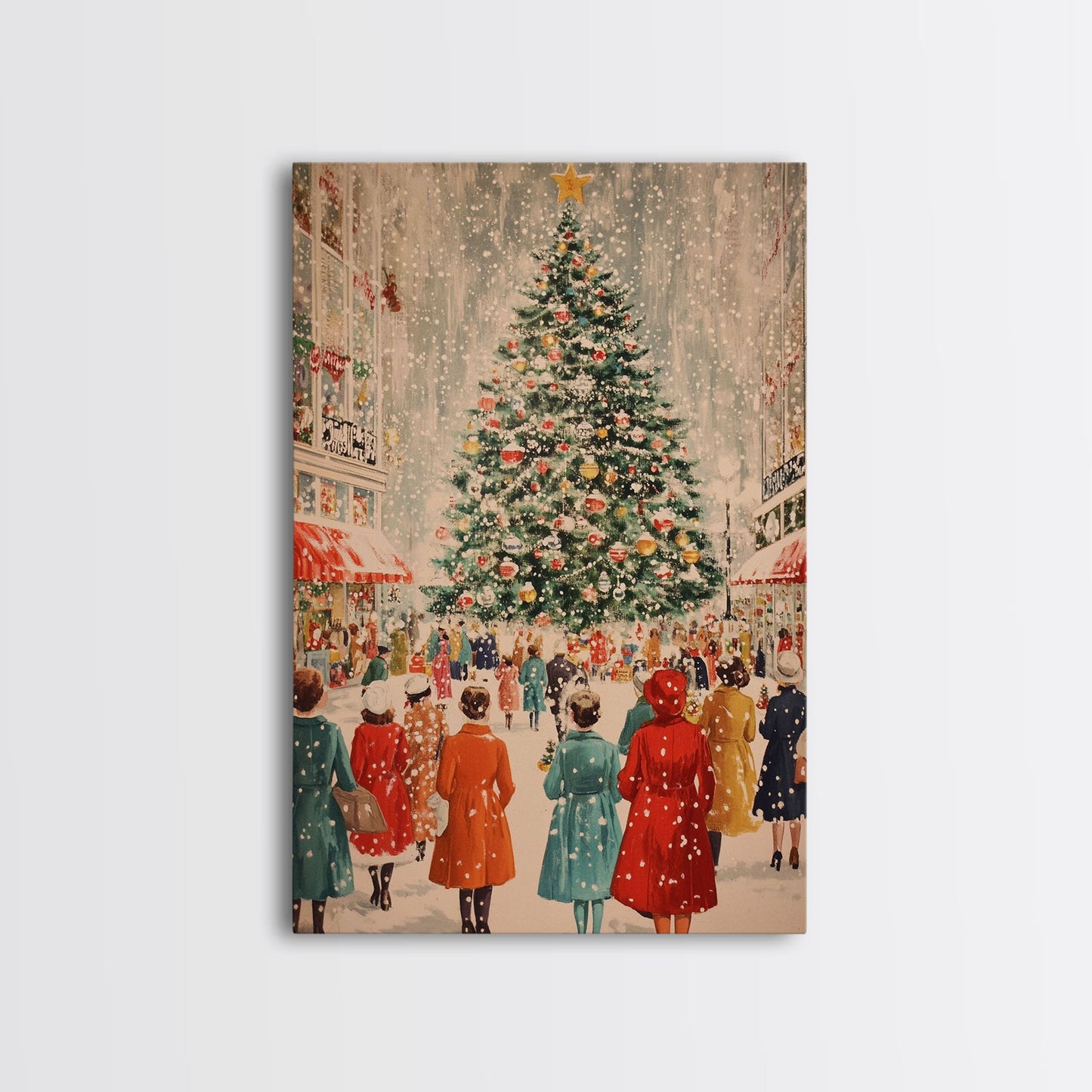 Large Christmas Tree in Snowy Town Square with People Gathering for the Holidays, Framed Canvas Print for Christmas Wall Art