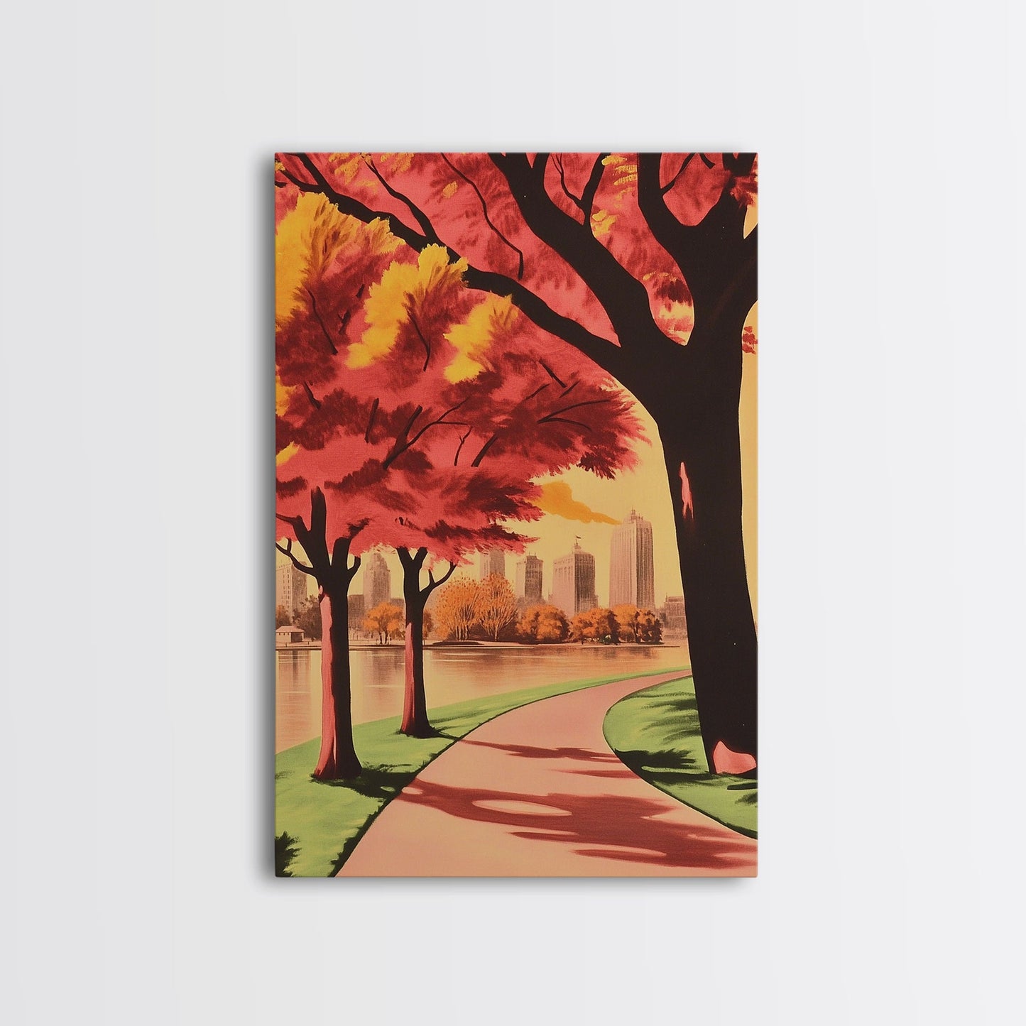 Canvas Print of City Park with Autumn Trees and Path, Seasonal Wall Art, Modern Farmhouse Decor, Best Gift Idea, Fall Cityscape Art
