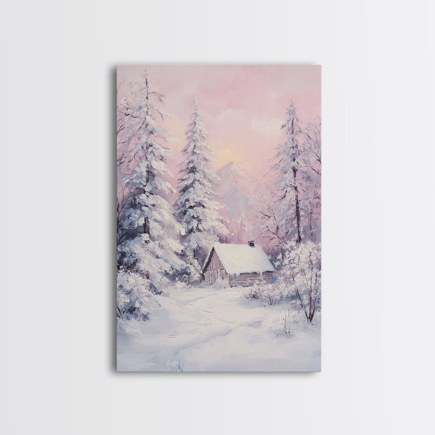 Pink Snowy Cabin Landscape Framed Canvas Print Wall Art Winter Wonderland Decor, Christmas Art Gift, Rustic Winter Scene Art