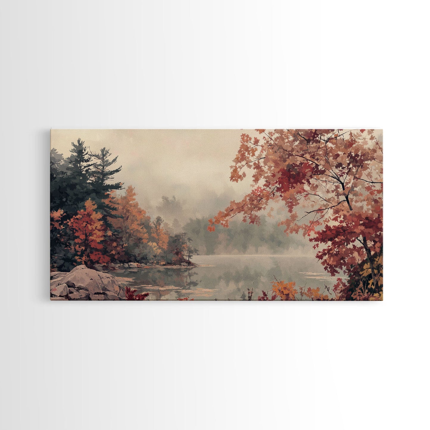 Misty Lake and Autumn Trees Framed Canvas Print, Tranquil Landscape Art, Fall Nature Scene Wall Art, Seasonal Fall Decor, Gallery Wall