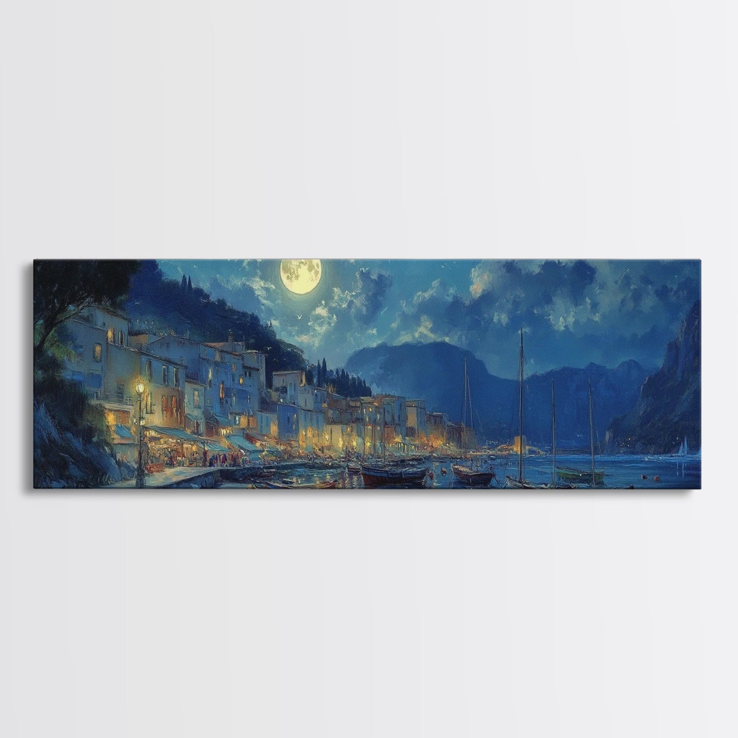 Midnight in Portofino - Full Moon - Italian Oil Painting Canvas Print - Whimsical / Eclectic Landscape Painting - Minimalist Boho Home Decor