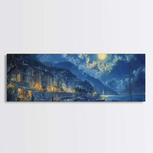 Italian Fishing Village at Midnight Under a Full Moon, Framed Canvas Print, Panoramic Wall Art, Eclectic Boho Home Decor, Wide Oversized Wall Art