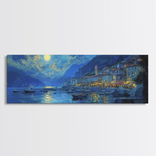 Midnight in Italy - Full Moon - Italian Oil Painting Canvas Print - Whimsical / Eclectic Landscape Painting - Minimalist Boho Home Decor