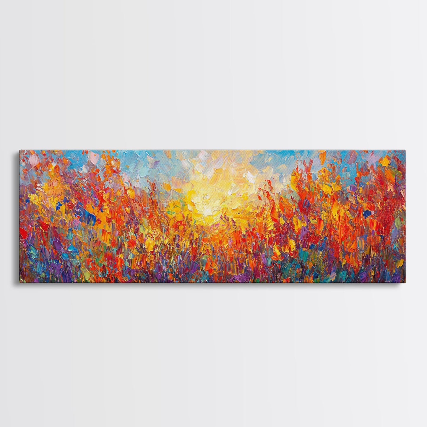 Original Wildflower Painting Print, Panoramic Extra Wide Wall Art, Floral Landscape Custom Rustic Home Decor, Sunset Through The Flowers