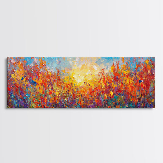 Original Wildflower Painting Print, Panoramic Extra Wide Wall Art, Floral Landscape Custom Rustic Home Decor, Sunset Through The Flowers