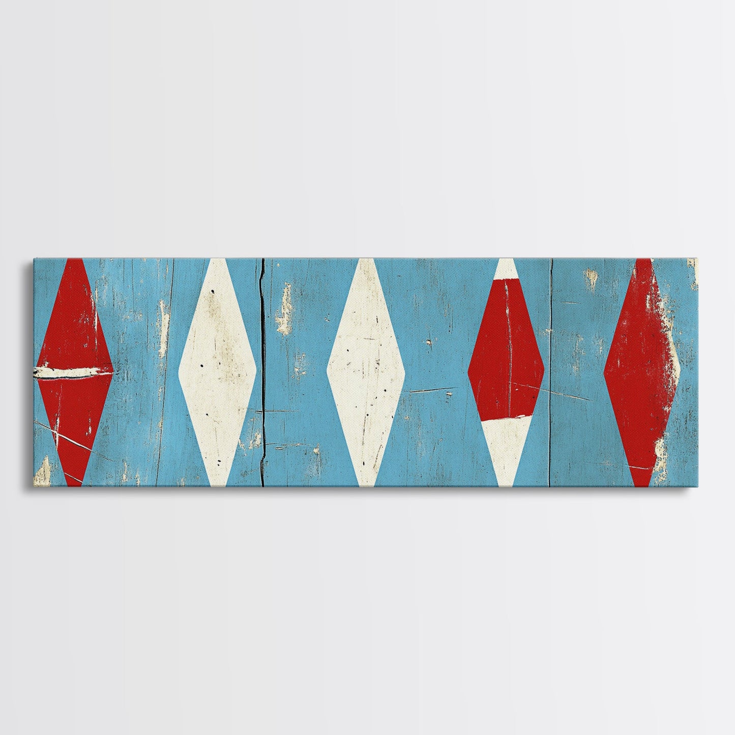 Red & White Diamonds - Framed Canvas Print - Rustic / Distressed MCM Mashup Home Decor - Turquoise Background