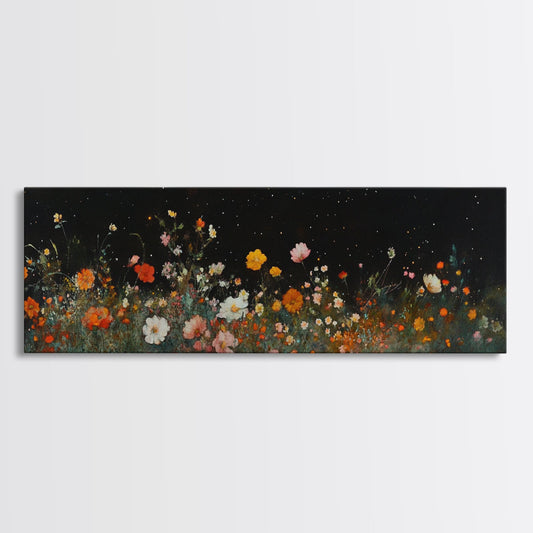 Field of Wildflowers Framed Wall Art Canvas Print, Vintage Botanical Landscape Art, Panoramic Print, Modern Farmhouse Decor