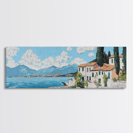 Impressionist Painting of an Italian Seaside Villa, Framed Canvas Print, Italy Village Decor, Ulta Wide Panoramic Landscape Painting