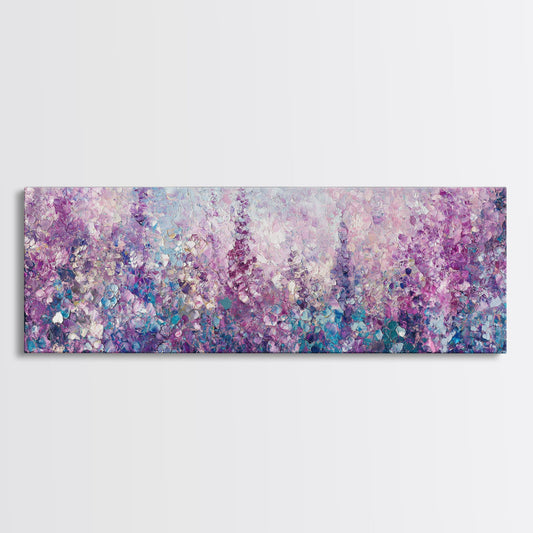 Purple Flower Painting, Lavender and Lilacs, Framed Canvas Print, Boho Style Panoramic Painting Wall Art, Purple and Blue Flowers