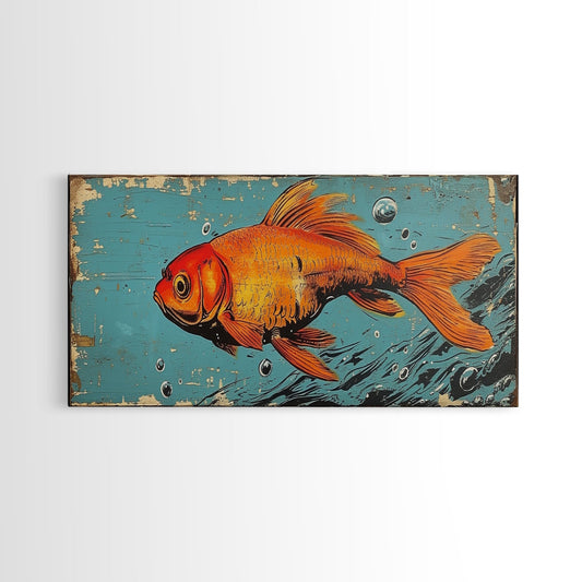 Retro 80s Style Painting of a Gold Fish, Framed Canvas Print, Home Decor Gift Artwork, Fish Painting, Fish Art