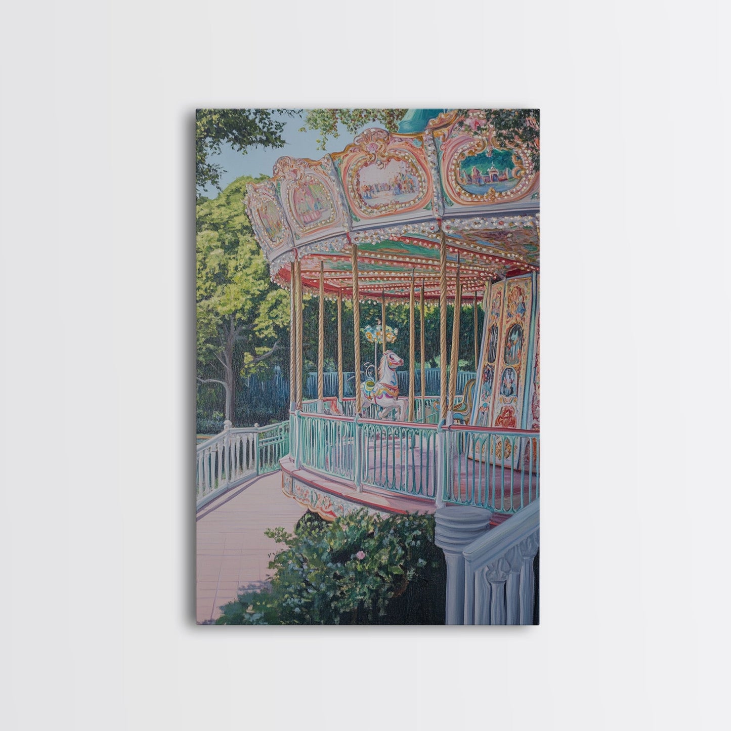 Nursery Decor Framed Canvas Print, Wall Decor for Girl's Room, Carrousel Oil Painting, Oil Painting of a Carrousel
