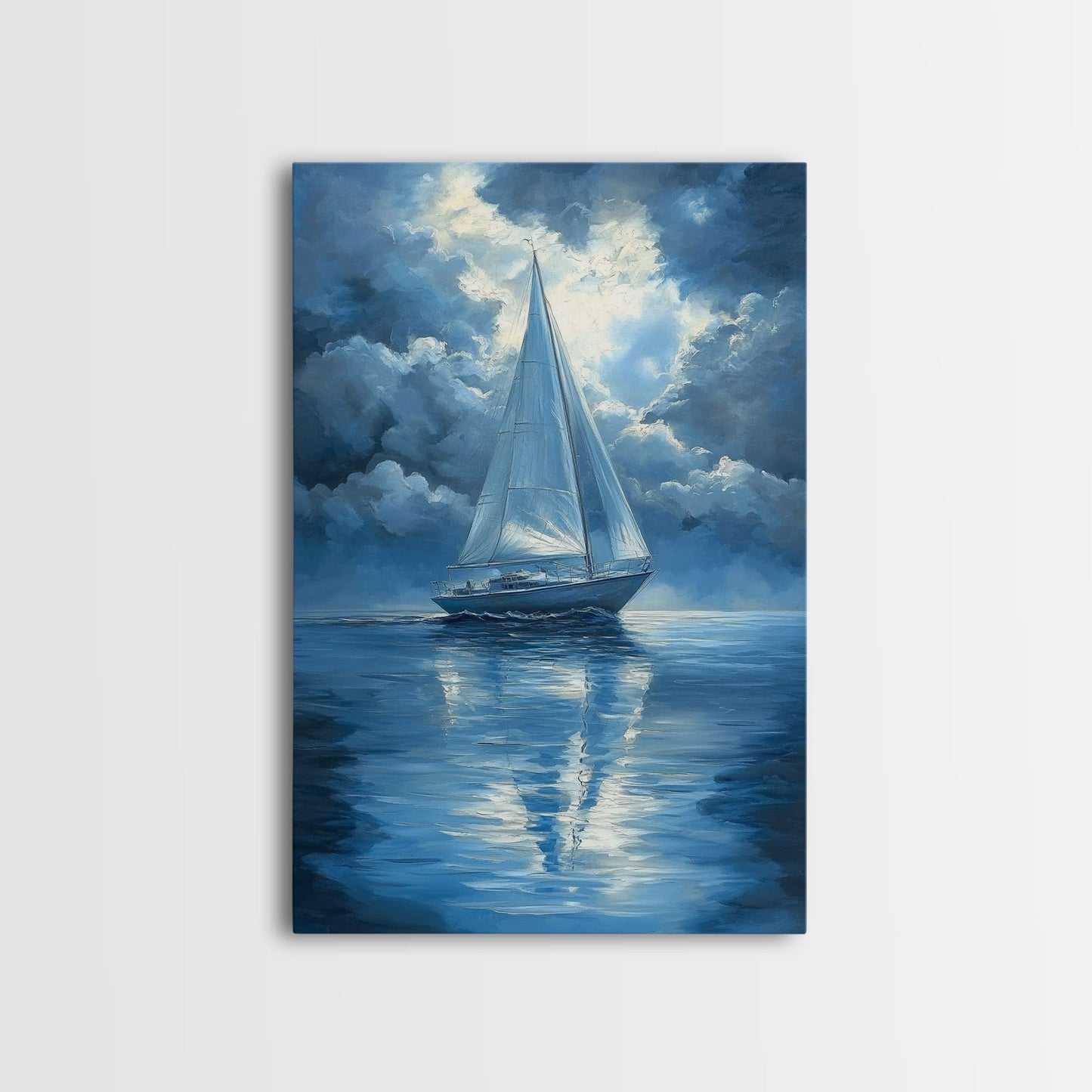 Reflections of a Sail Boat under a Full Moon Framed Canvas Print, Nautical Decor, Sail Boat Oil painting, Sailboat Painting, Nautical Home Decor