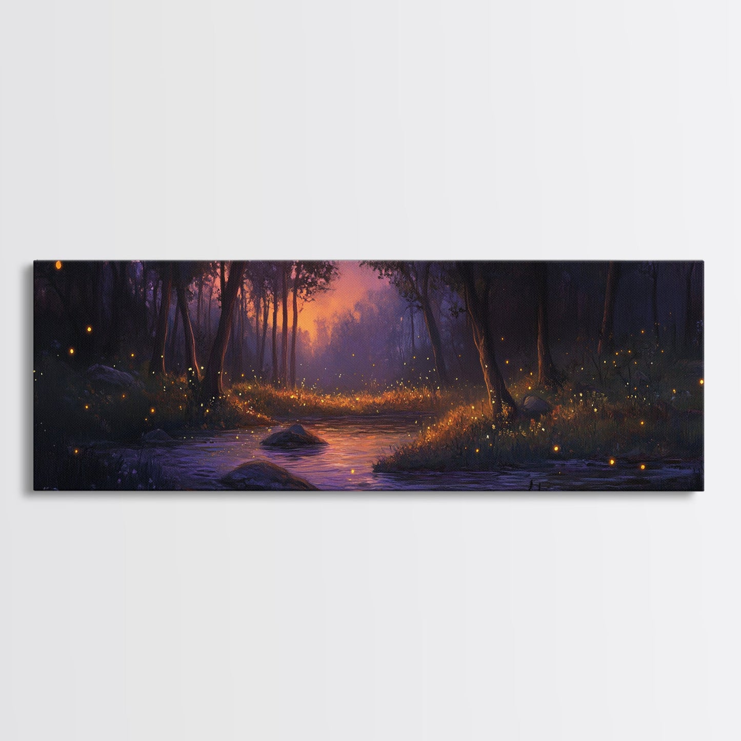 Panoramic Fantasy Forest Canvas Print, Fireflies Light Up The Night Sky in A Fantasy Forest, Fantasy Painting