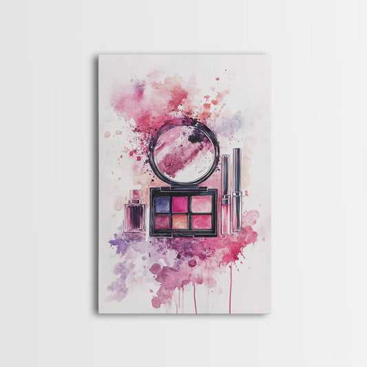 Makeup palette splash art vibrant beauty decor framed canvas print modern girly aesthetic perfect gift idea unique pink abstract art piece
