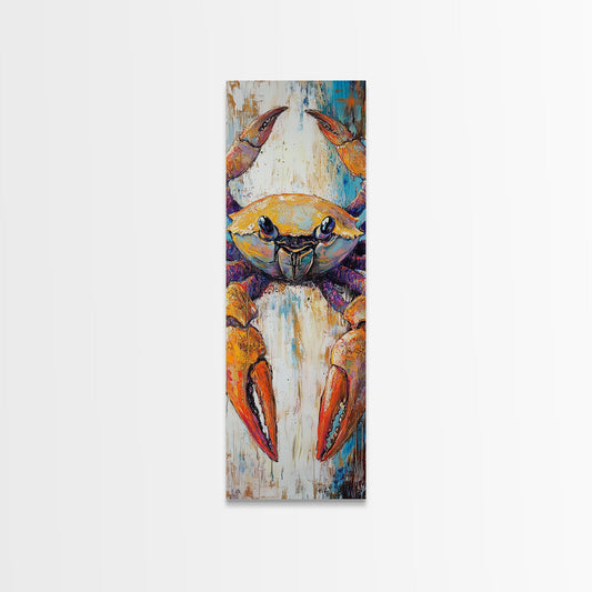 Colorful crab, coastal cowgirl wall art, crayfish painting, nautical wall art, framed canvas print, tall skinny art, rustic décor