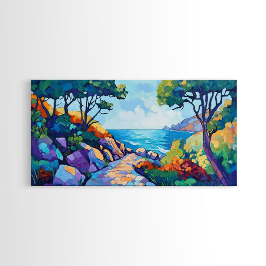 Coastal Pathway, bold colors, impressionist seascape, ocean view, vibrant painting, coastal wall art, Canvas Print, beach decor