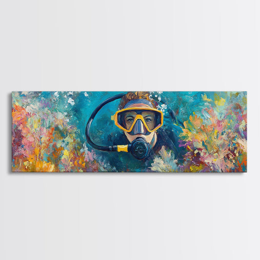 Colorful Scuba Diver Canvas Print Vibrant Ocean Art Tropical Coral Reef Painting Coastal Beach House Wall Art Underwater Decor