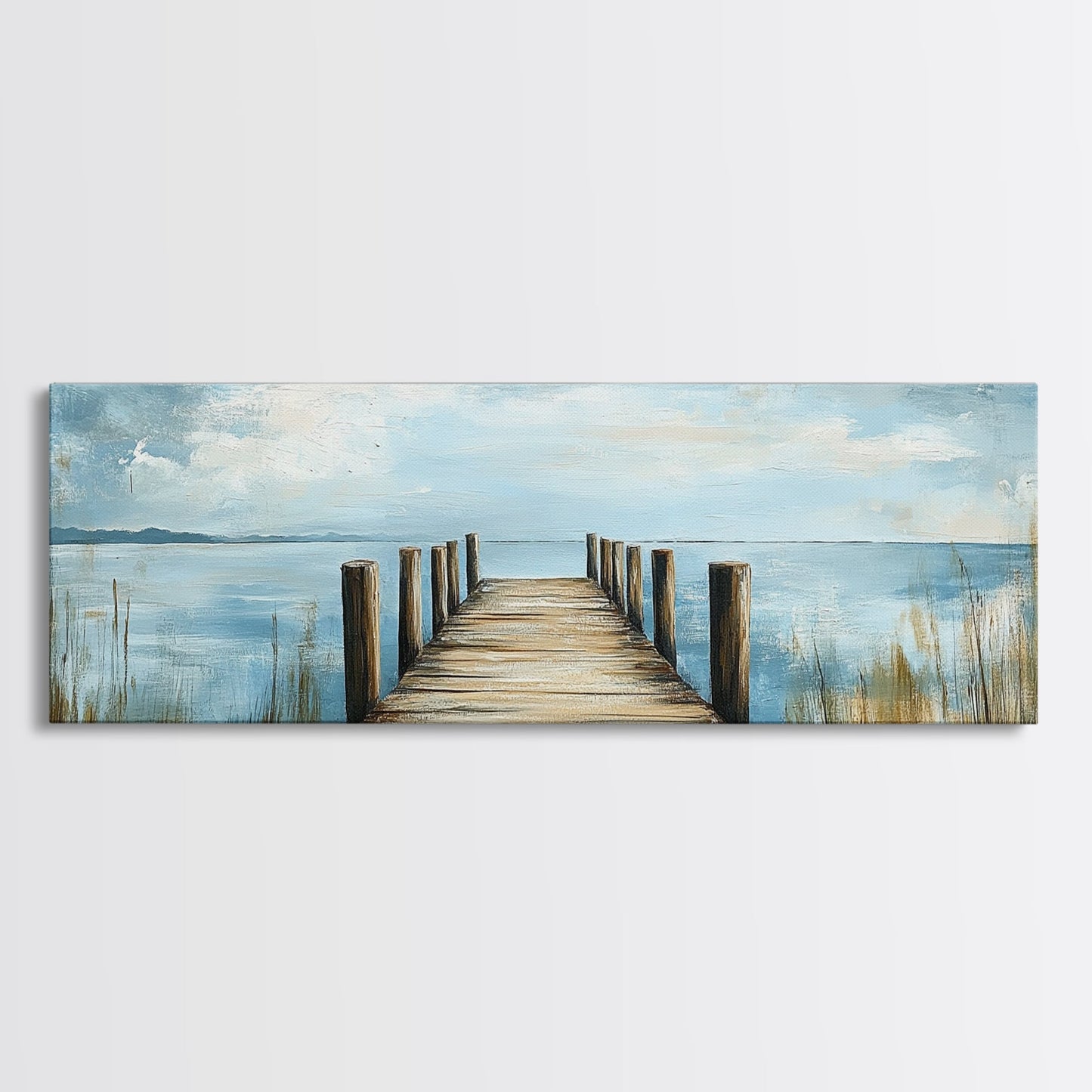 Lake Dock, Peaceful Water Scene, Serene Landscape, Rustic Nature Painting, Minimalist Home Decor, Canvas Print, Framed Canvas Print