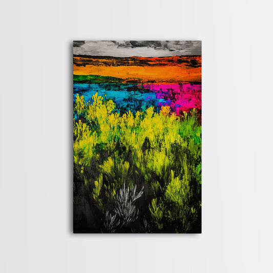 Colorful Prairie, Abstract Fields, Bright Wildflowers, Framed Canvas Print, Vibrant Wall Art, Boho Home Decor, Living Room Statement