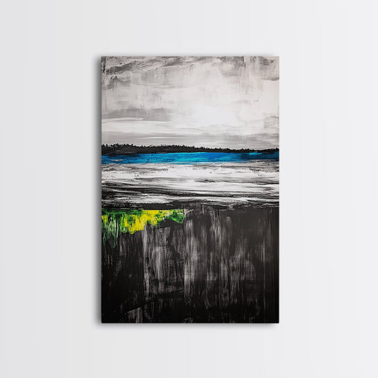 Tranquil Lake View, Blue Water Abstract Landscape, Moody Black White Sky, Serene Nature Wall Decor, Relaxing Home Gift, Canvas Print