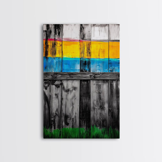Colorful Fence, Abstract Wood, Rustic Modern, Framed Canvas Print, Farmhouse Wall Art, Bold Color Decor, Eclectic Home Accent