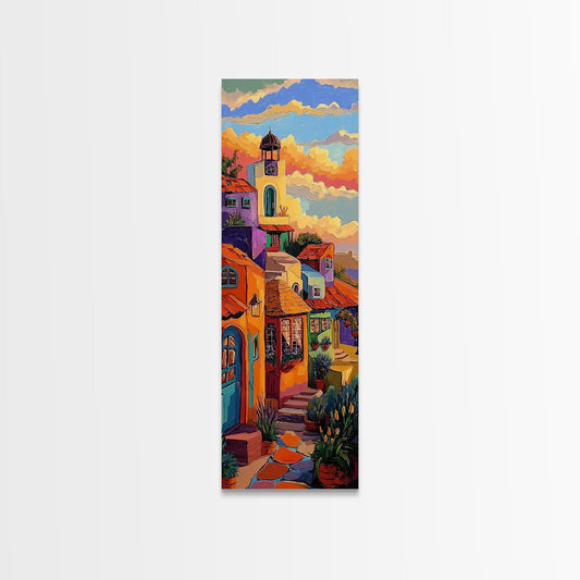 Colorful Village, Sunset Sky, Mediterranean Street Scene, Spanish Style Wall Art, Kitchen or Entryway Decor, Framed Canvas Print