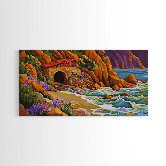 Coastal Stone Cabin, Rustic Beach Shack, Ocean Cliff Retreat, Framed Canvas Print, Cottagecore Wall Art, Seaside Landscape Decor