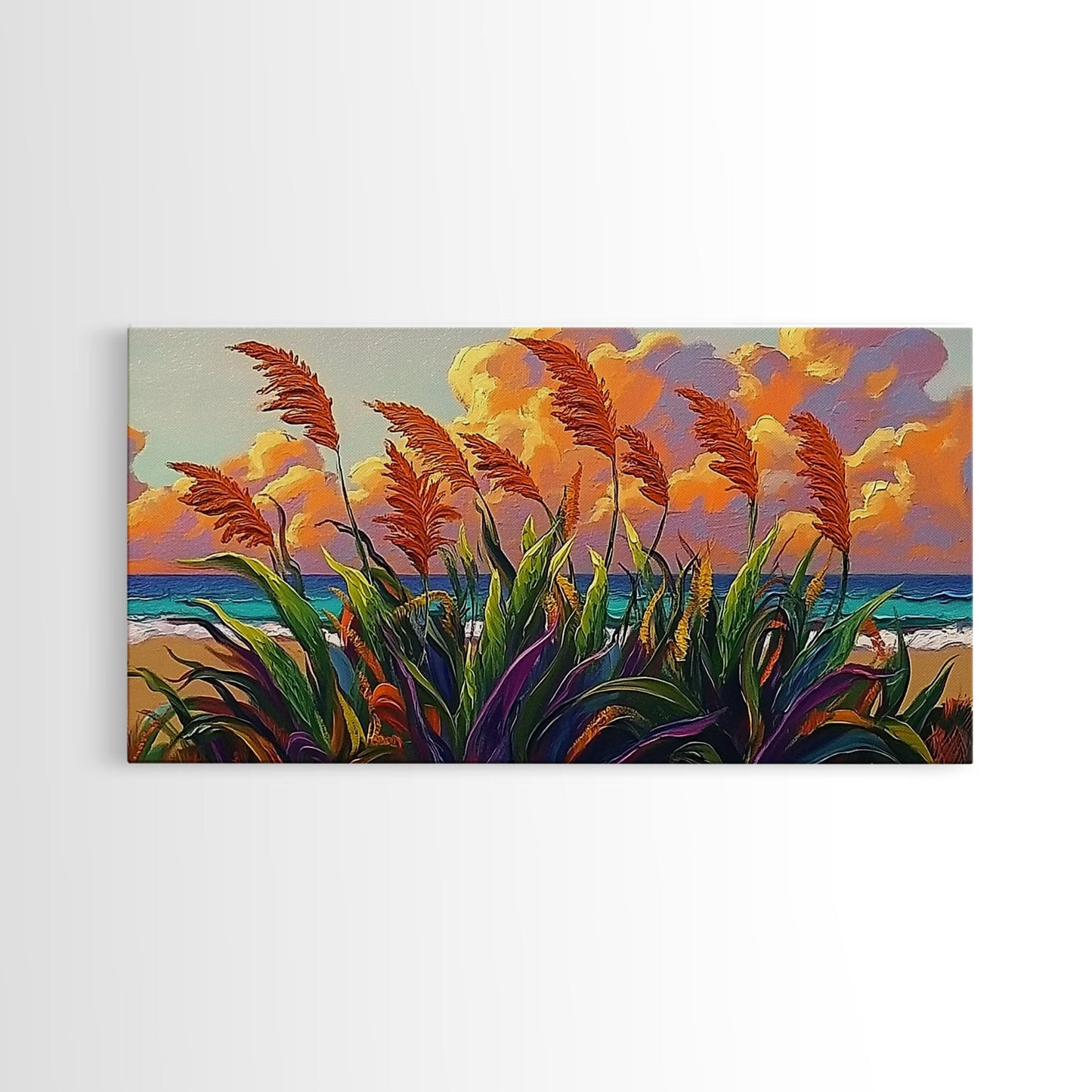 Coastal Sunset, Grasses, Canvas Print, Autumn Beach Landscape Art, Boho Living Room Wall Decor, Colorful Nature Painting