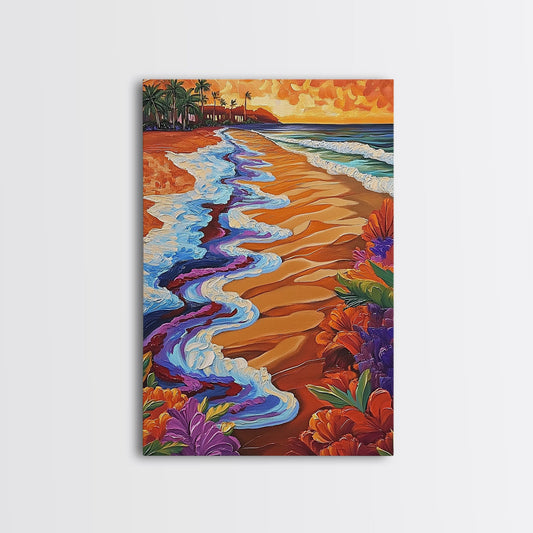 Coastal Sunset, Tropical Waves, Colorful Shoreline, Beach Vibes, Framed Canvas Print, Hawaii sunset art, living room wall art, coastal decor