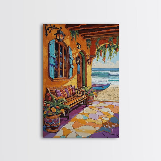 Coastal Porch View, Colorful Beach House Art, Mediterranean Decor, Framed Canvas Print, Summer Vibes, Kitchen Wall Art, Boho Style