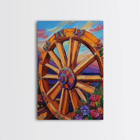 Colorful Wheel Art, Rustic Wall Decor, Western Vibes, Farmhouse Charm, Framed Canvas Print, Fall Decor, Country Living Room Wall Art