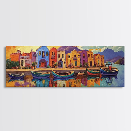 Colorful Harbor, Mediterranean Town, Boats Reflected, Framed Canvas Print, travel art, coastal wall decor, dining room art