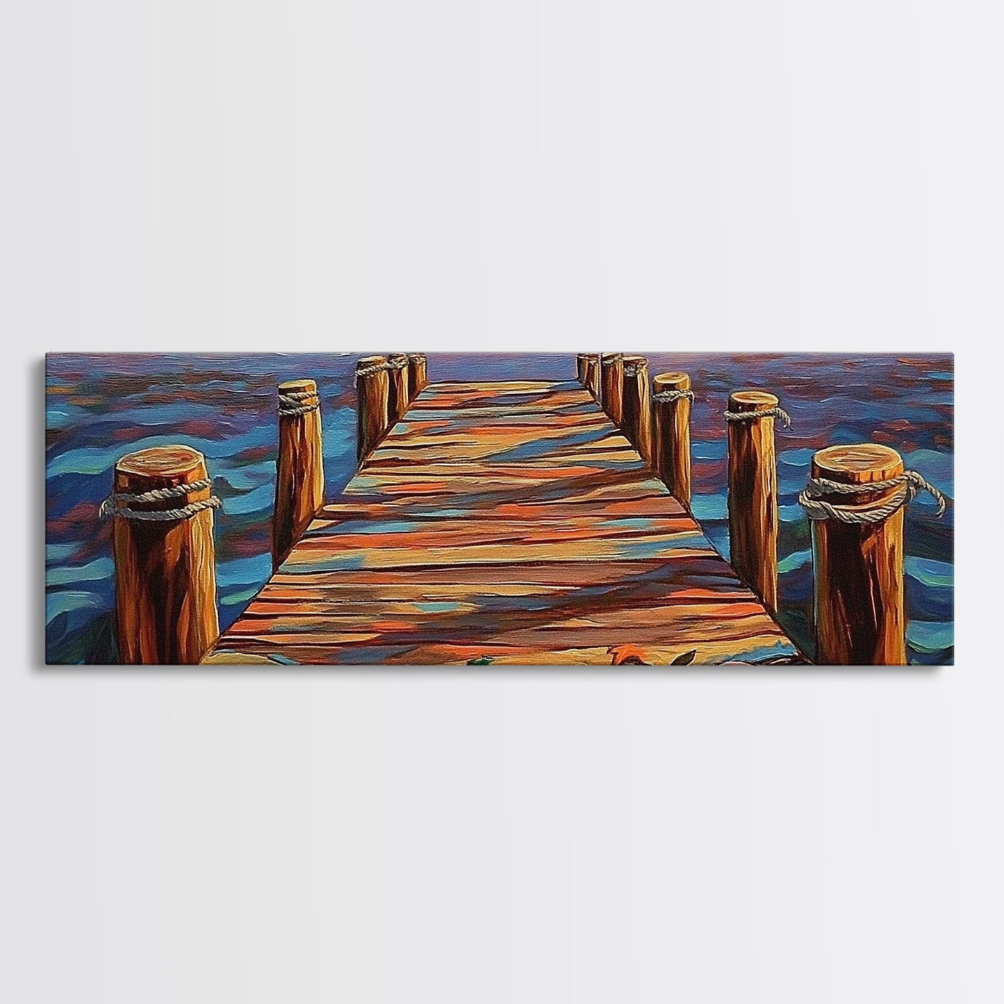 Wooden Dock Sunset, Ocean Pier Painting, Tranquil Seascape Decor, Nautical Beach House Style, Framed Canvas Print
