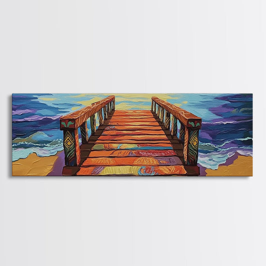 Colorful Pier, Sunset View, Ocean Dock, Serene Shoreline, Framed Canvas Print, Beach House Wall Art, Coastal Landscape Painting