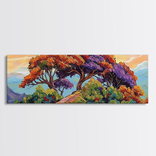 Colorful Forest, Sunset Trees, Mountain Path, Peaceful Vibes, Framed Canvas Print, nature-inspired hallway art, cozy cabin wall decor