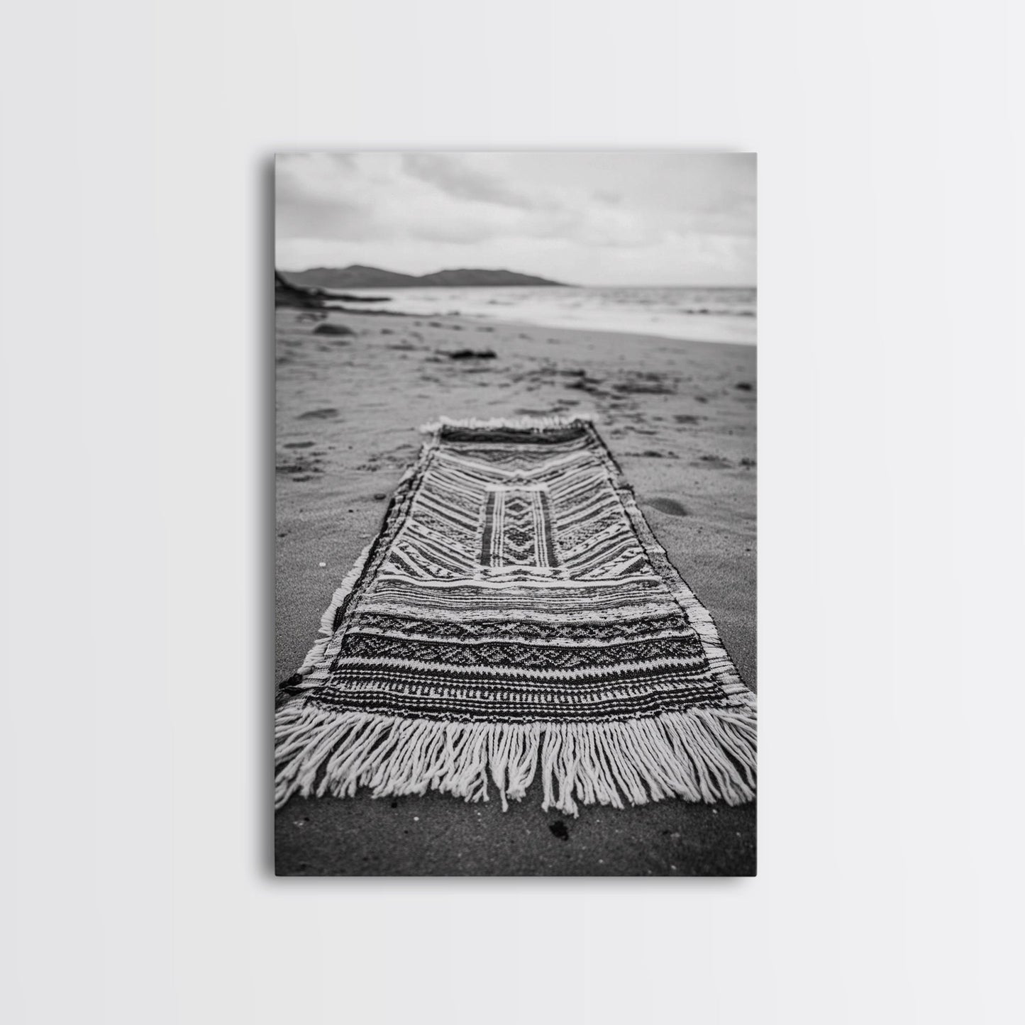 Woven Rug Beach, Bohemian Escape, Textile Texture, Black and White Canvas Print, Boho Bedroom or Yoga Studio Wall Decor