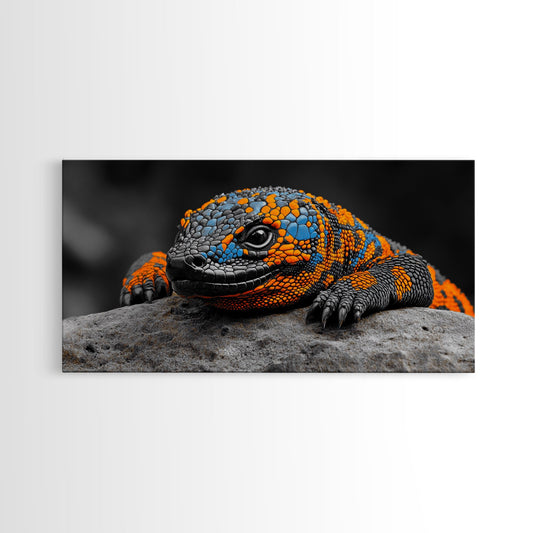 Colorful Lizard, Wildlife Closeup, Exotic Creature, Nature Bold, Framed Canvas Print, Reptile Lover Gift, Office Wall Art, Vibrant Wildlife Art