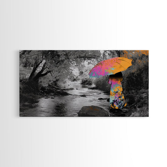 Colorful Umbrella, Forest Stream, Autumn Mood, Canvas Print, Whimsical Wall Art, Fall Vibes, Bedroom Decor, Abstract Nature Scene