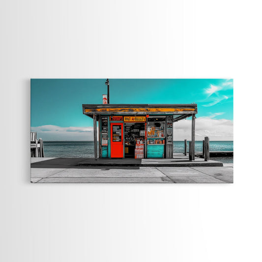 Colorful Market, Ocean Pier, Seaside Shack, Canvas Print, Beach Wall Art, Coastal Kitchen Decor, Bright Nautical Art Scene