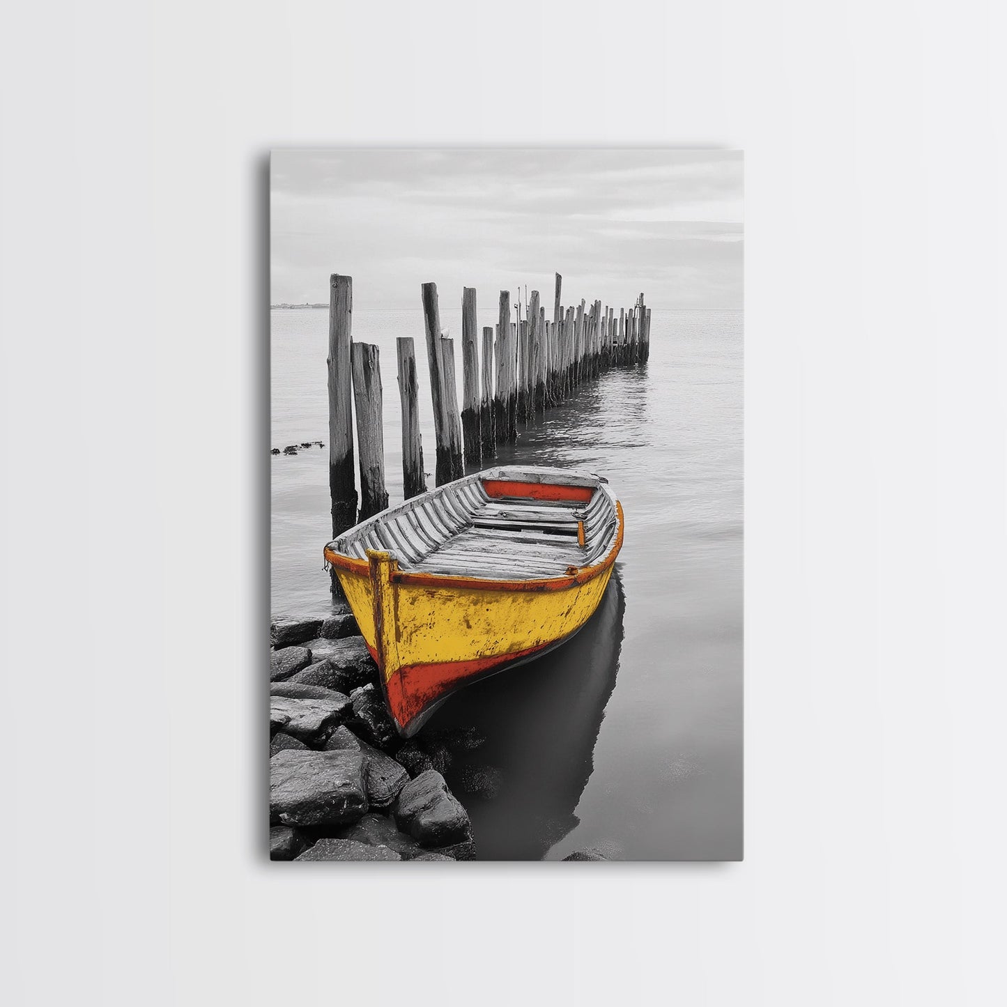 Yellow Rowboat, Coastal Mood, Pier View, Nautical Nostalgia, Framed Canvas Print, Beach House Wall Art, Rustic Seaside Decor